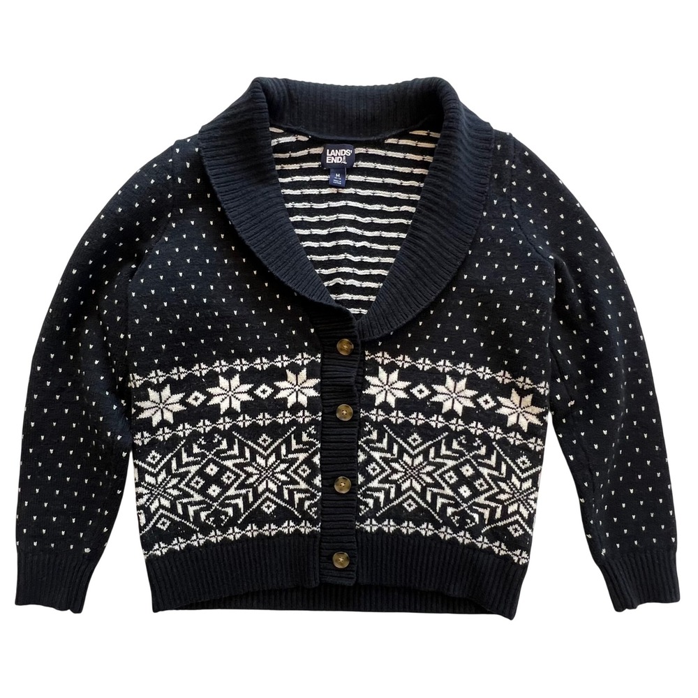 Lands End Navy White Snowflake Fair Isle Shawl Collar Cardigan Sweater Size M